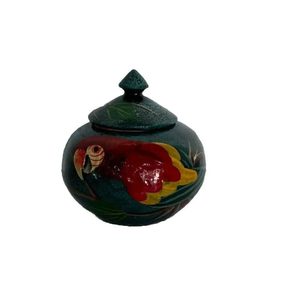 Hand Painted Wood Lacquer Bowl Jar with Lid Parrot Trinket Tropical Wooden Pot
